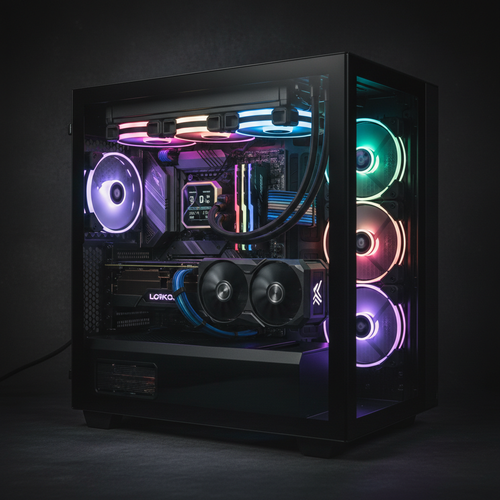 Custom gaming computer build with RGB lighting and tempered glass panel